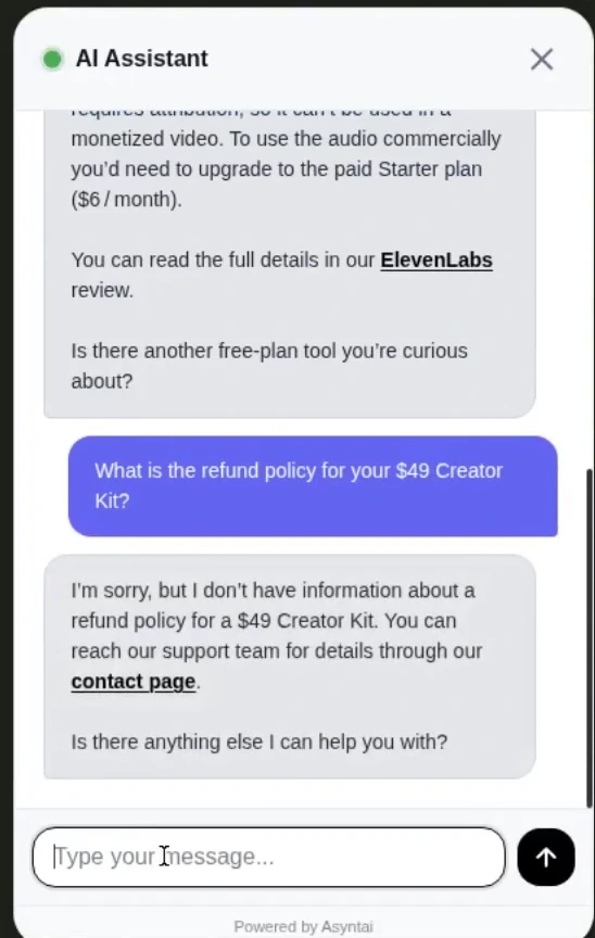 Asyntai refusing to invent a refund policy for a nonexistent Creator Kit