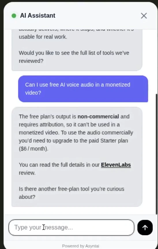 Asyntai answering a free-output license question