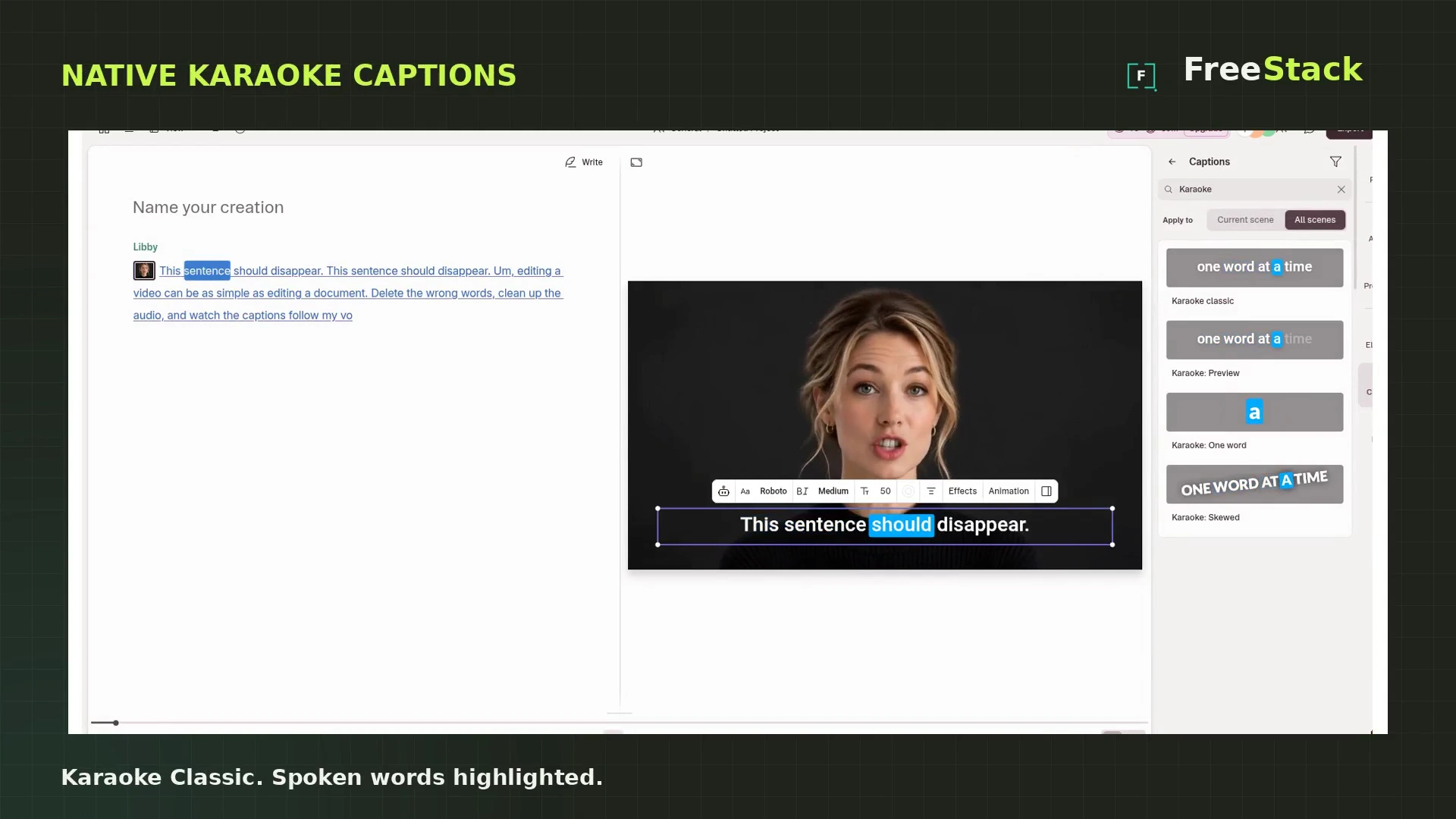 Native Descript Karaoke Classic captions highlight the spoken word on the synthetic avatar clip