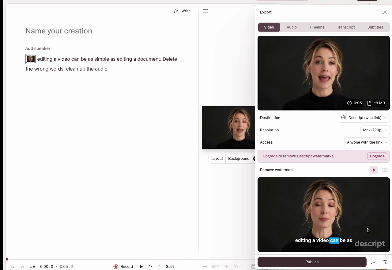 Descript native export controls and actual downloaded synthetic avatar result with watermark