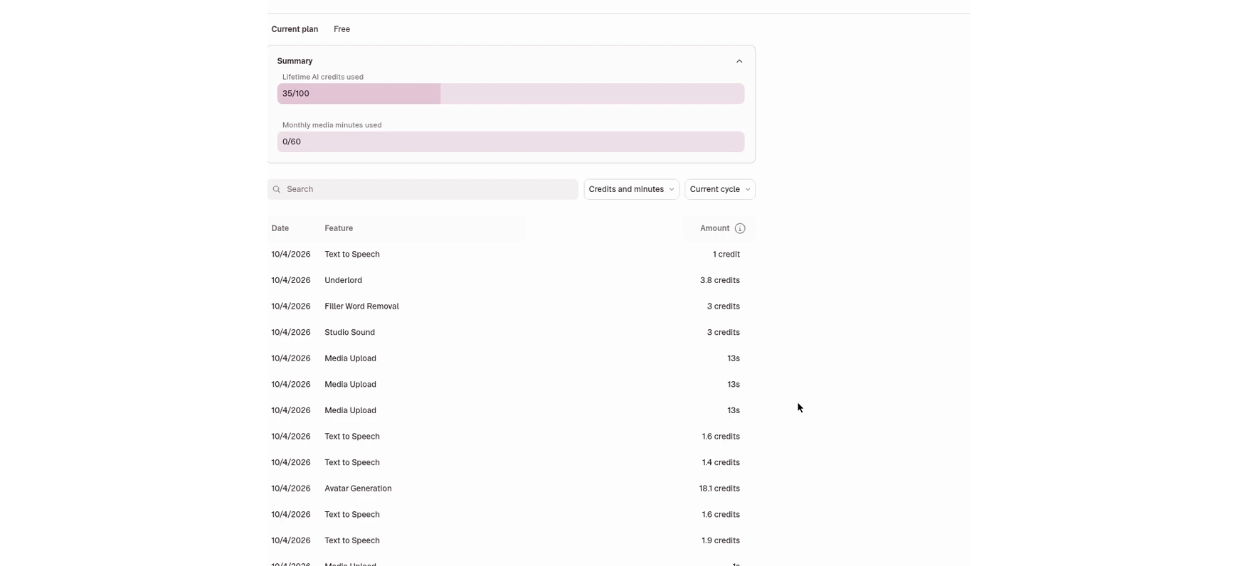 Descript real account usage ledger showing separate AI action charges