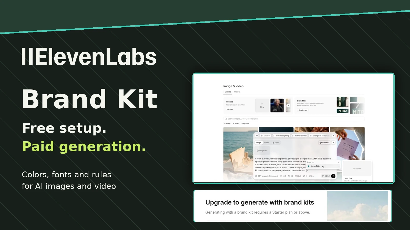ElevenLabs Brand Kit on the Free plan, with the Starter-or-above generation message.