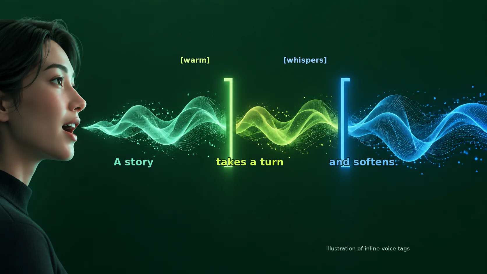 Illustration: a narrator speaks a sentence in colored sound waves, with bracketed voice tags marking changes in delivery.