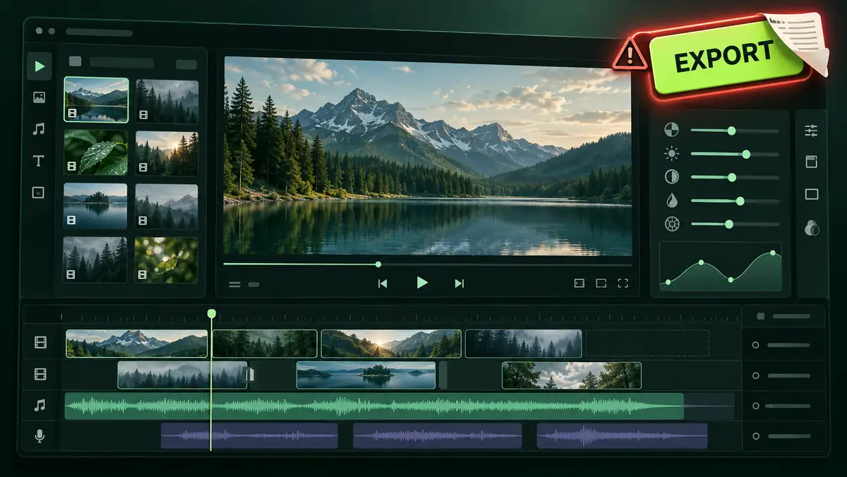 Illustration of a video editor timeline with a suspicious glowing Export button and warning icon.