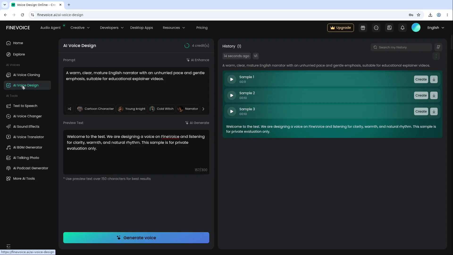 FineVoice Voice Design history showing three previews and 4 credits displayed