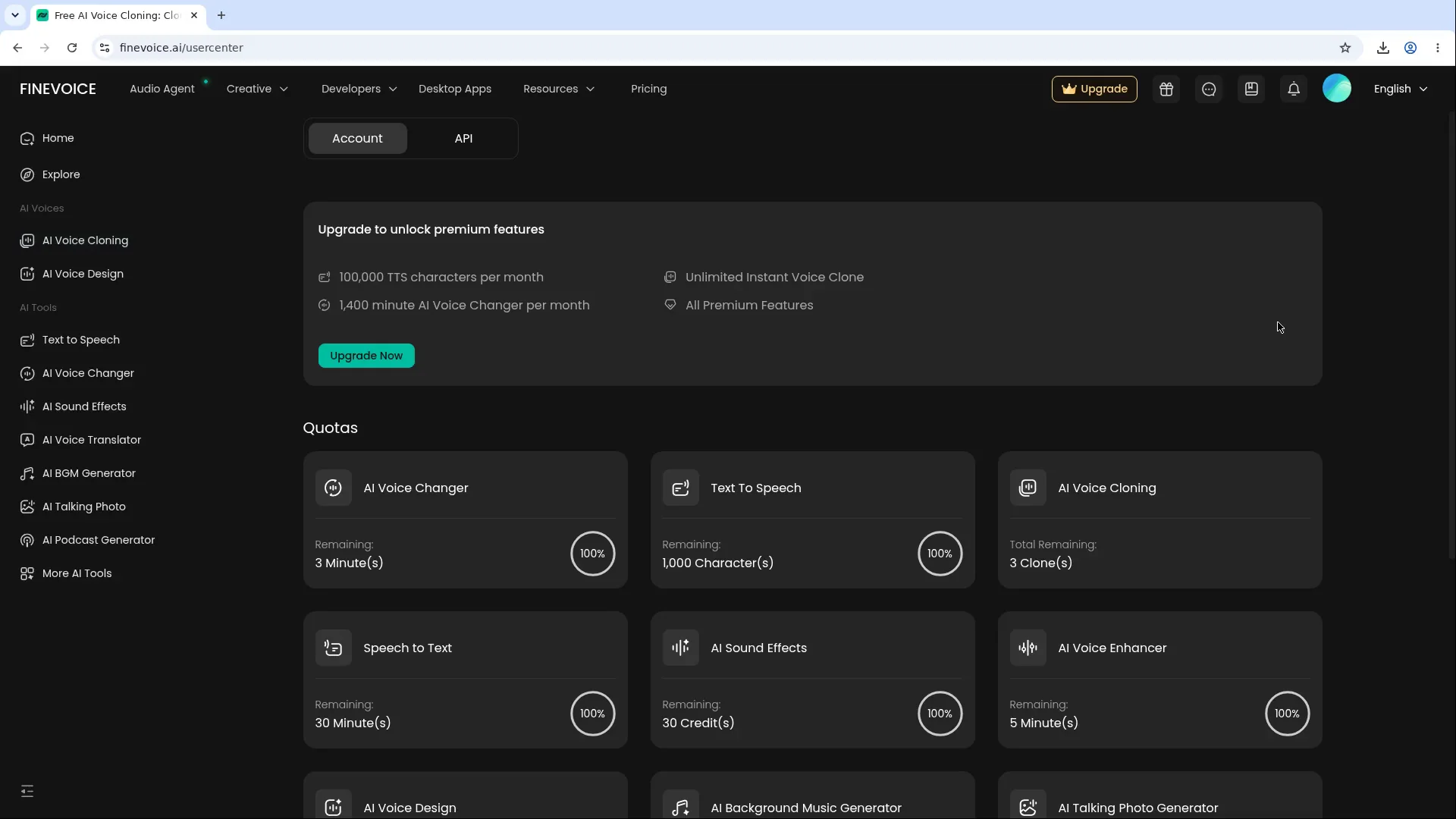 FineVoice account quotas showing changer 3 minutes, TTS 1,000 characters and instant clones 3 remaining