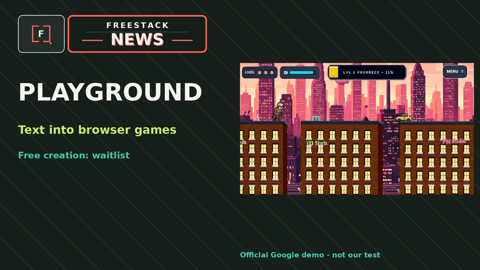 FreeStack News wide image with the sloth platformer shown in the official Google Playground demo