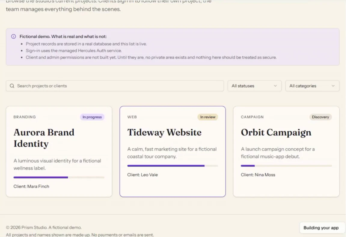 Fictional studio portal project list