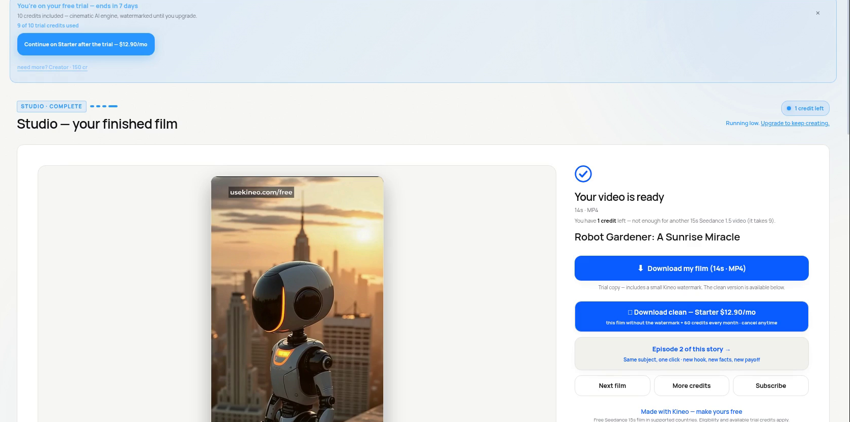 Kineo finished robot film with free and clean download buttons