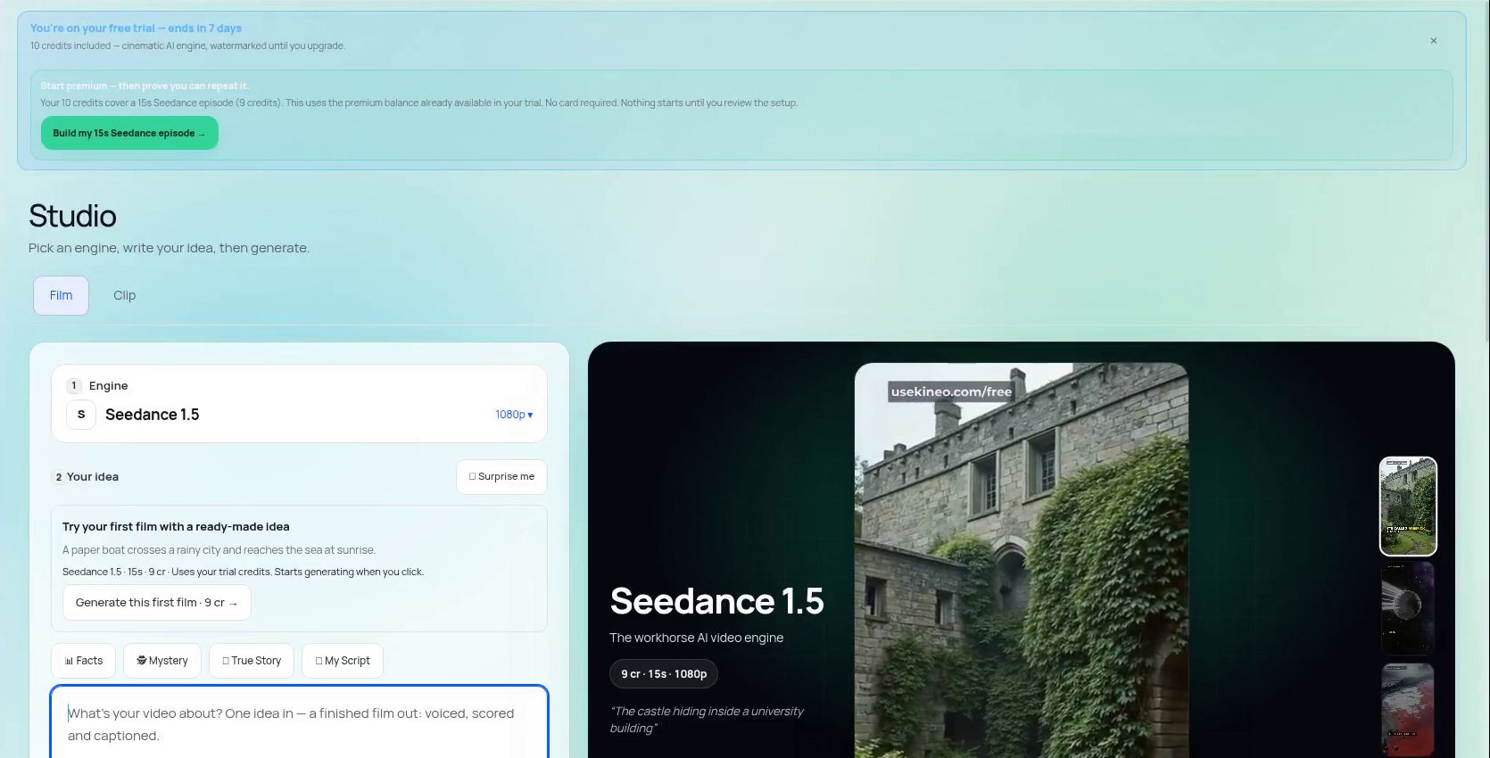 Kineo Film tab and Seedance 1.5 settings
