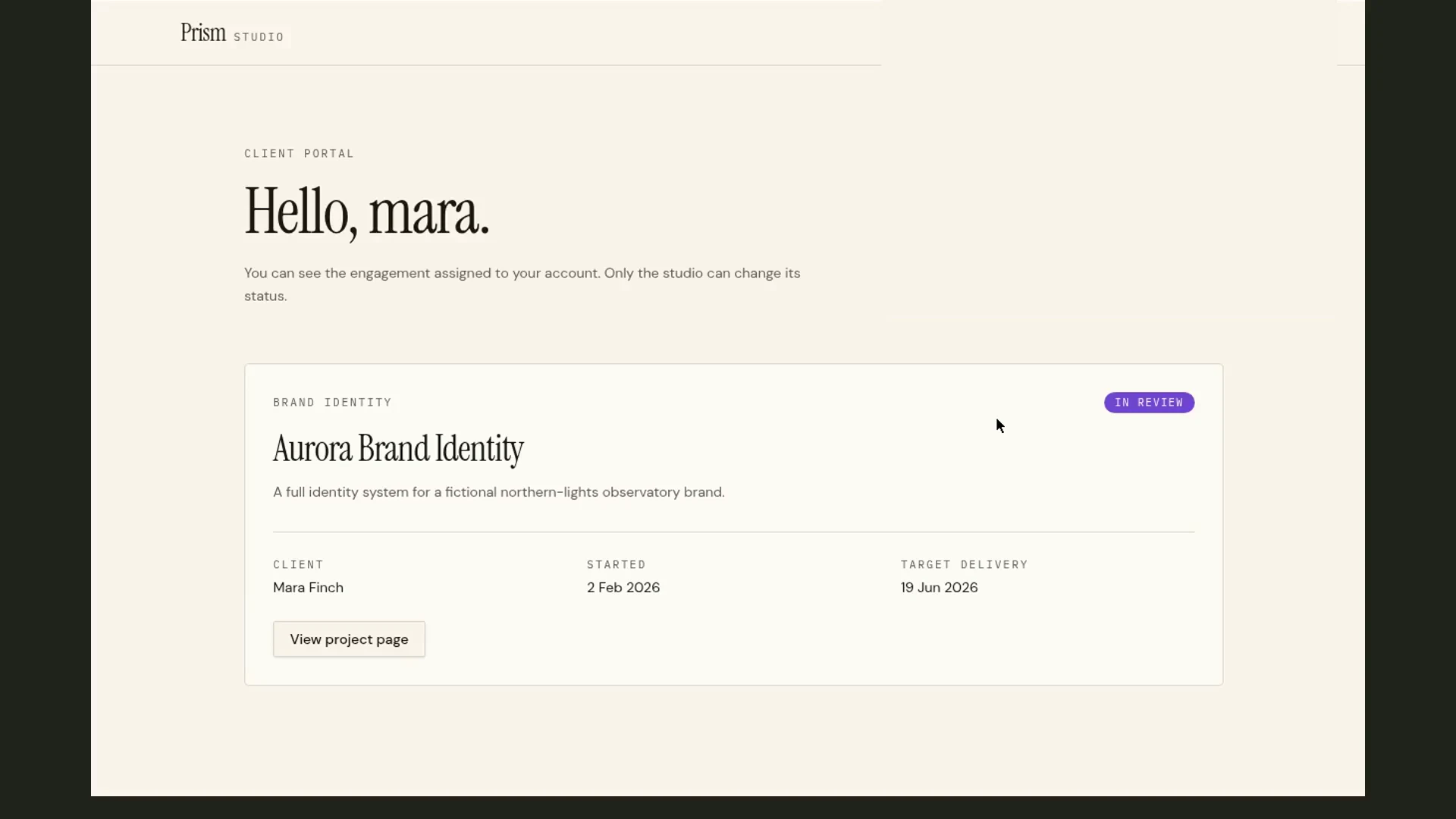 Fictional Prism Studio client portal showing Aurora in review