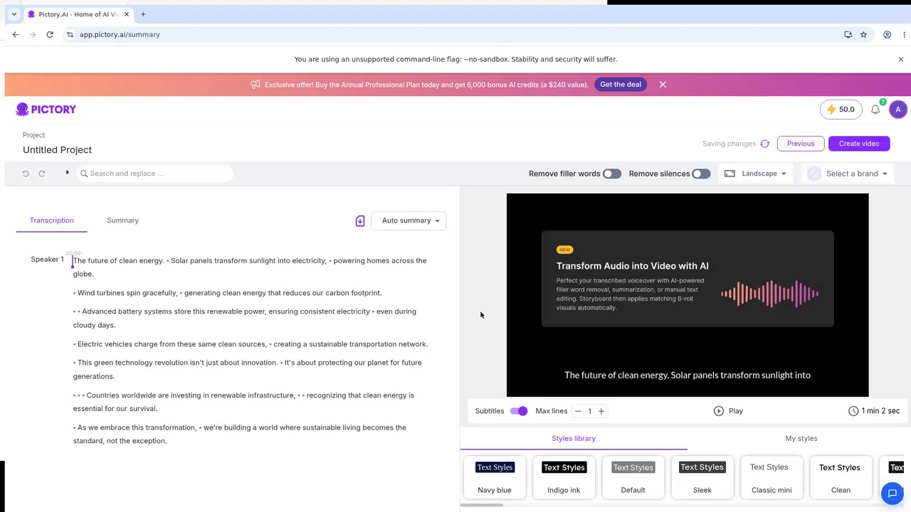 Pictory demo audio-to-video editor showing transcript, style controls and video preview