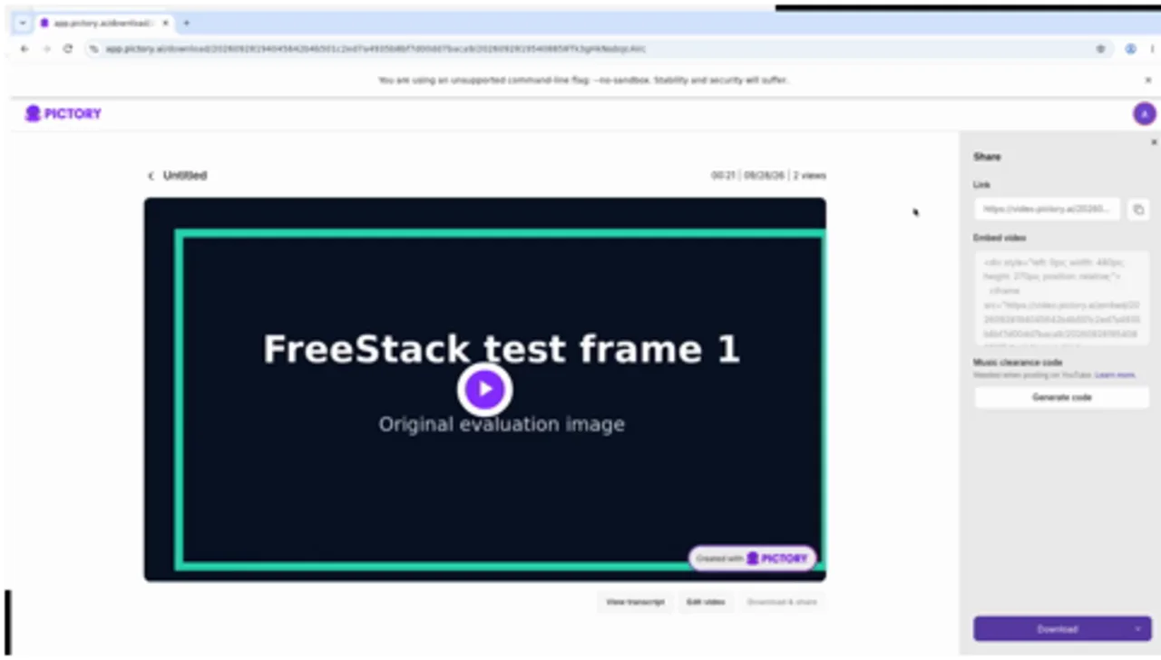 Pictory image-to-video trial player showing FreeStack original test frame and Pictory watermark