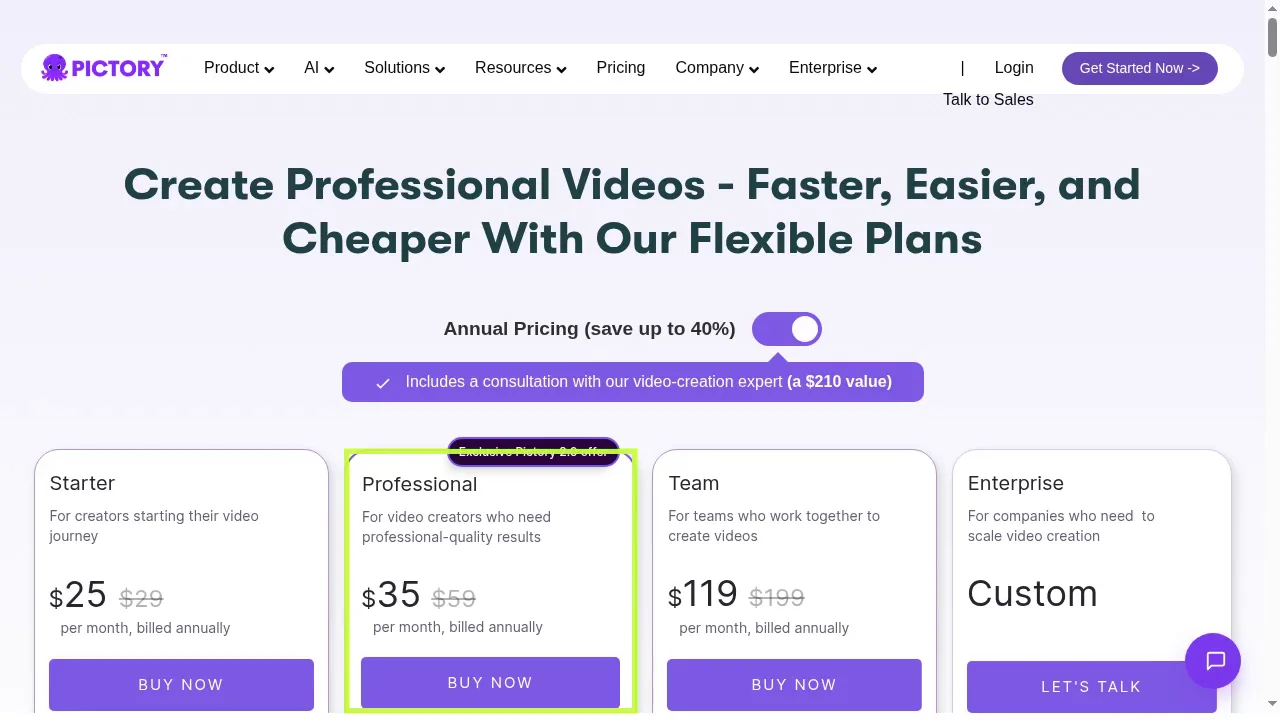 Pictory public pricing page with Starter $25, Professional $35 and Team $119 per month billed annually
