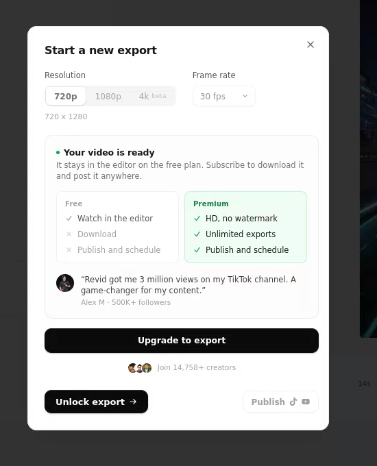 Revid export dialog with free editor playback and paid download