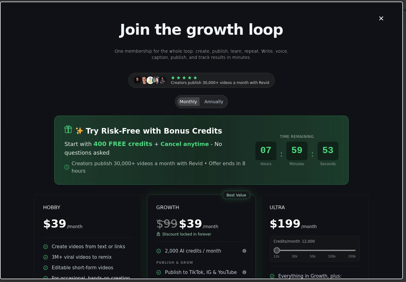 Recorded Revid monthly plans popup showing Hobby and Growth