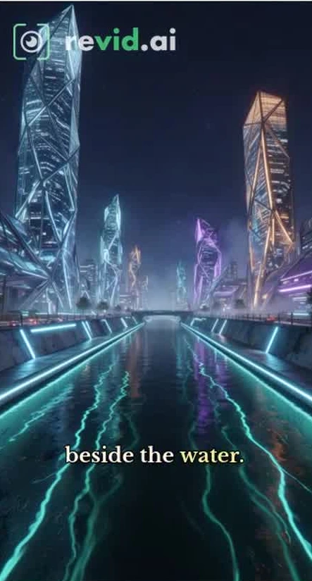 Revid generated glass towers beside a blue-lit canal