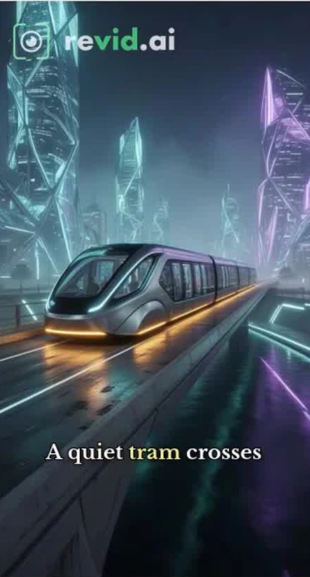 Revid generated tram scene in the fictional night city