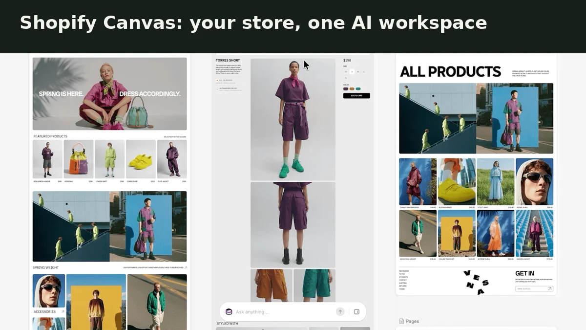 Actual Shopify Canvas demo showing Vesna home, product and collection pages side by side