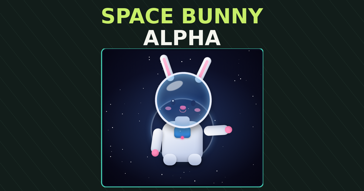 Space Bunny Alpha text in lime and white above pixel-art space bunny illustration