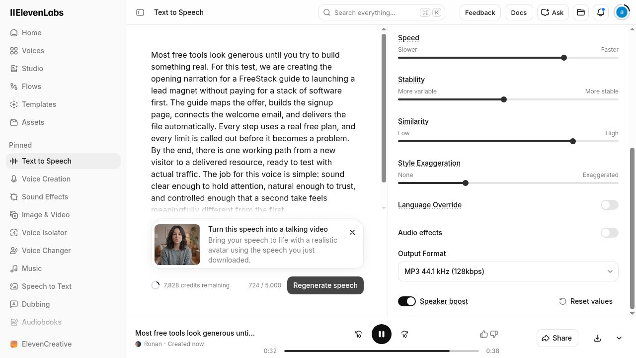 ElevenLabs text to speech with Ronan voice, a 724-character FreeStack script and 7,828 credits remaining