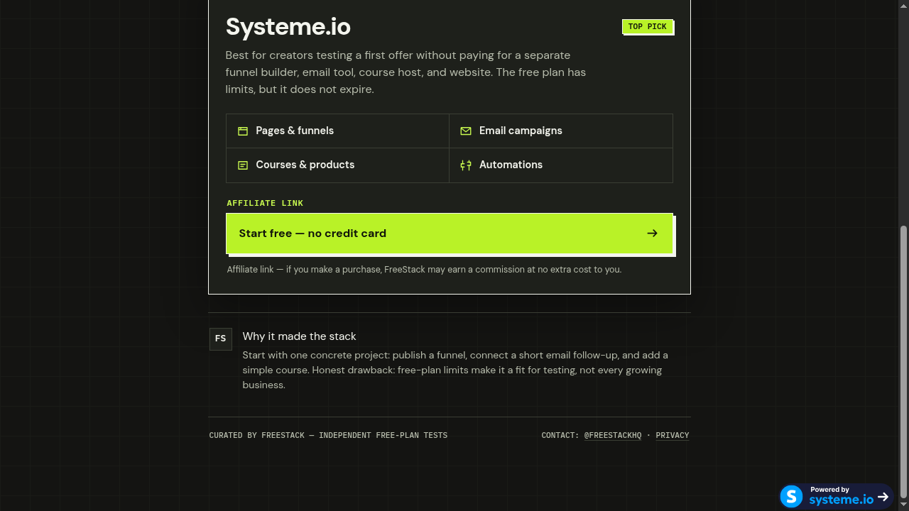 Feature blocks and affiliate disclosure on the free-plan page, with the systeme.io badge visible