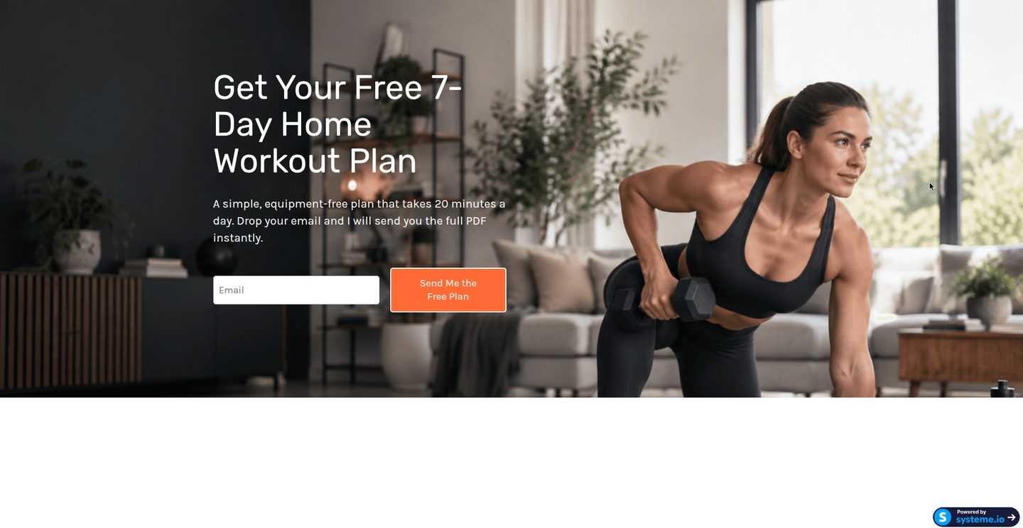 FreeStack test opt-in page promising a seven-day home workout plan, showing an email field and submit button